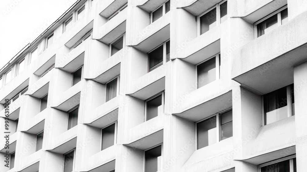 Poster a monochrome view of a modern building facade with repeating geometric patterns.