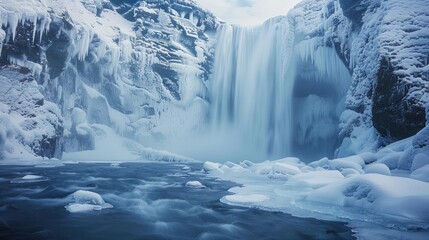 A stunning winter waterfall surrounded by icy cliffs and snow-covered terrain.