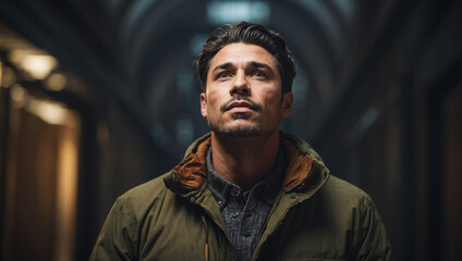 Man in Jacket Looking Up