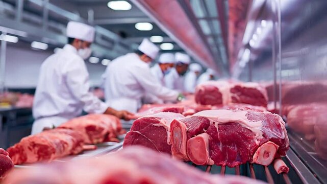 Closeup on raw meat in meat processing plant with butcher preparing meat on the background.

