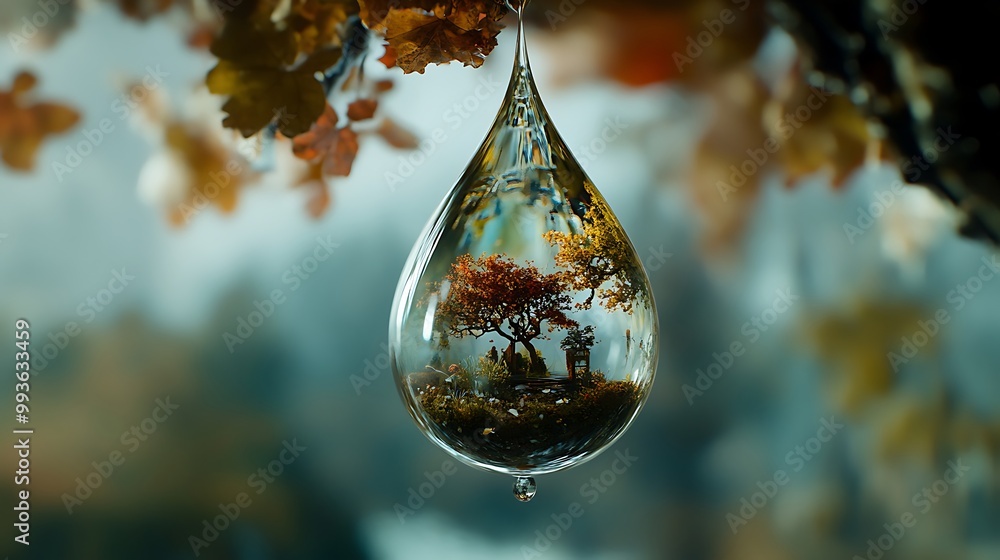 Poster a miniature forest scene captured inside a raindrop hanging from a tree branch.