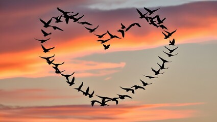 A romantic beach scene with birds flying in the sky and resting on the shore, surrounded by heart-shaped clouds and a summer vibe, symbolizing love and nature