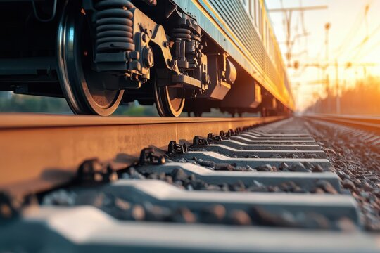 Close-up of a high-speed train s wheels on the track, symbolizing the precision and engineering behind high-speed rail Train wheels, Engineering precision