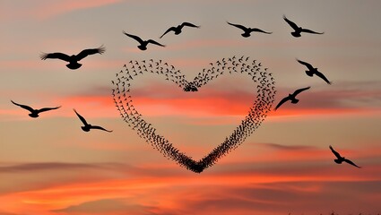 A romantic beach scene with birds flying in the sky and resting on the shore, surrounded by heart-shaped clouds and a summer vibe, symbolizing love and nature