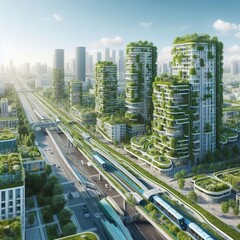 A modern smart city featuring tall buildings with green roofs, integrated with efficient public transportation. The eco-friendly design and sustainable planning showcase the future of urban living and