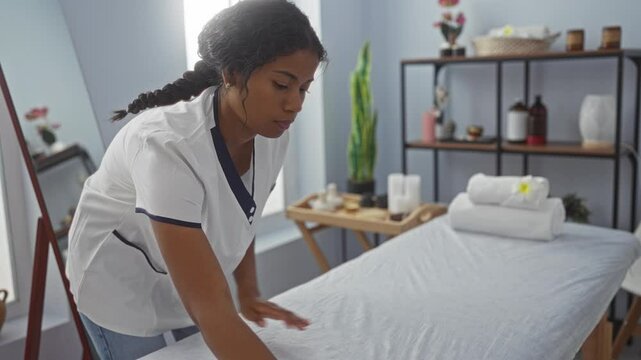 Woman working in a spa room, preparing the massage table with towels surrounded by wellness and beauty products.