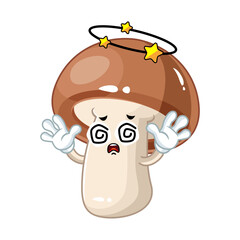 Cartoon mushroom character with dizzy and scared expression.