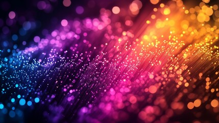 A colorful array of fiber-optic cables, glowing with vibrant colors against the dark background, symbolizing advanced data transfer technology and connectivity.