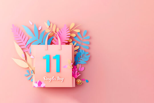 Text 11/11 Singles Day with a shopping bag on pastel pink background