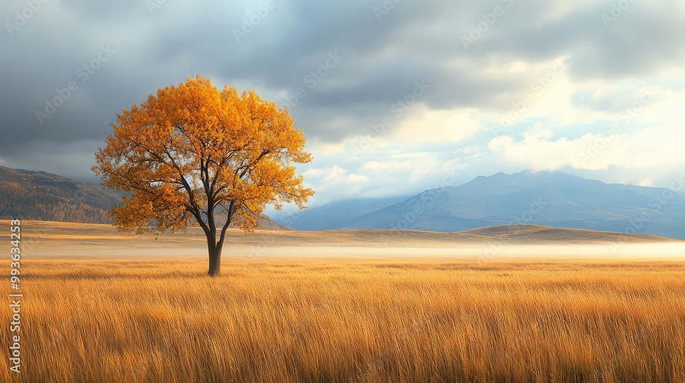 Poster golden autumn tree standing in a field of tall grass, with fog rolling in over distant mountains und
