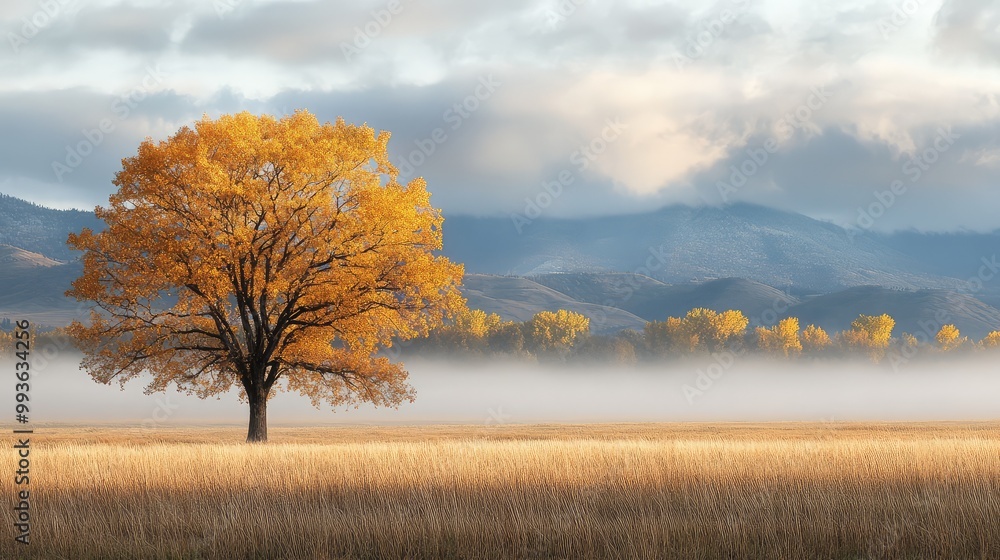 Poster golden autumn tree standing in a field of tall grass, with fog rolling in over distant mountains und