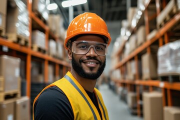 A Professional Smiling Worker Wearing Safety Gear in a Warehouse Environment Engaging Positively