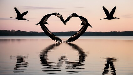 A romantic beach scene with birds flying in the sky and resting on the shore, surrounded by heart-shaped clouds and a summer vibe, symbolizing love and nature