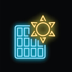 Bright neon solar panel with sun shining behind it on black background, concept of renewable energy