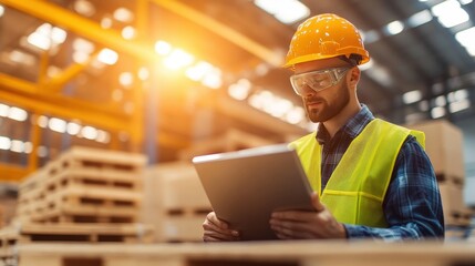 Focused Warehouse Worker Using Digital Tools to Ensure Precise Product Measurements and Safety