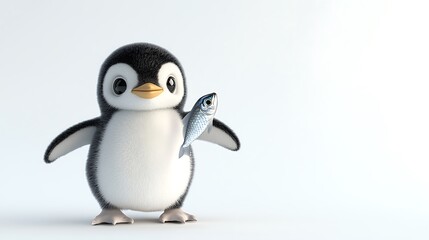 Cute cartoon penguin holding a fish on a white background.