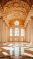 Fototapeta premium Spacious marble hall with towering columns, arched ceilings, and streaming sunlight
