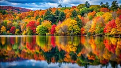 Vibrant Autumn Woods with Colorful Foliage Reflecting on a Calm Lake Under a Clear Blue Sky