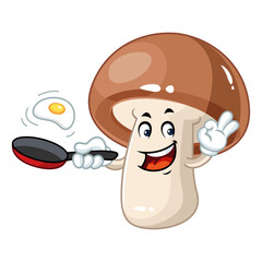 Smiling mushroom cartoon character chef cooking fried egg with a frying pan.