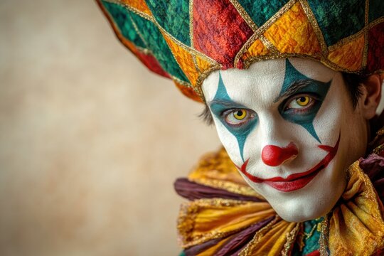 A colorful jester with vibrant attire and striking makeup poses playfully for the camera