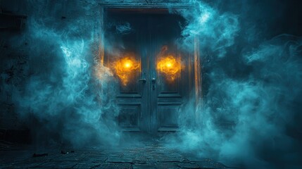 Eerie Door Surrounded by Mysterious Smoke and Glow