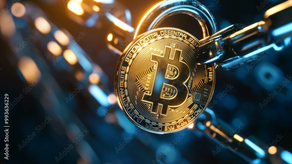 Poster bitcoin and blockchain are secure ways to handle money digitally. the padlock hologram symbolizes da