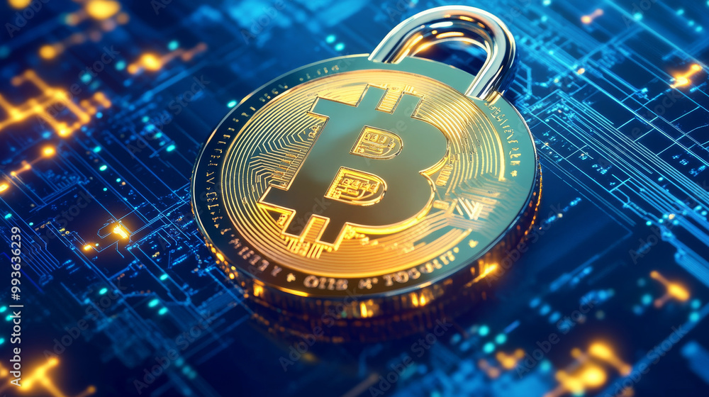 Poster bitcoin and blockchain are secure ways to handle money digitally. the padlock hologram symbolizes da