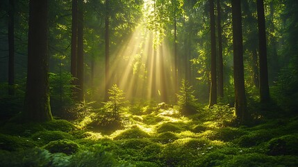 Obraz premium Lush green forest with sunlight filtering through the trees, creating a serene atmosphere, symbolizing the beauty of nature and the importance of recycling