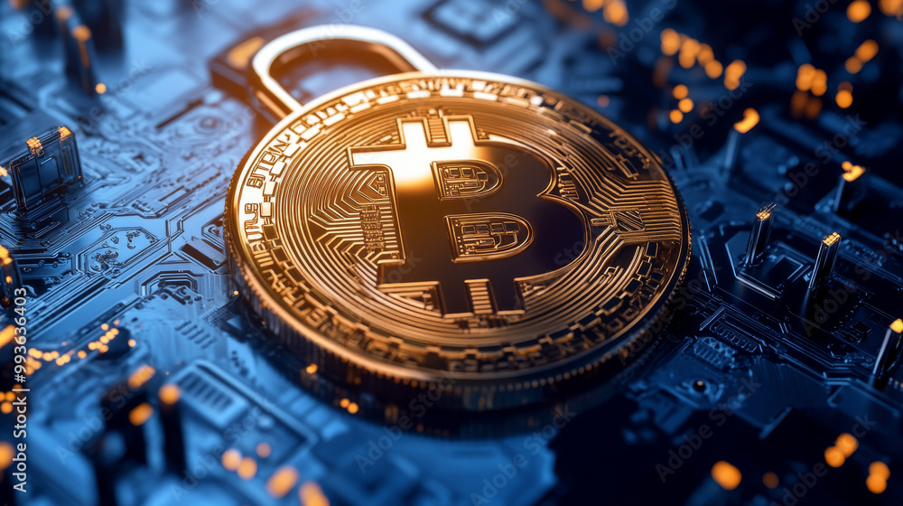 Poster bitcoin and blockchain are secure ways to handle money digitally. the padlock hologram symbolizes da