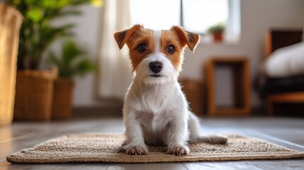 A small dog sits on top of an area rug