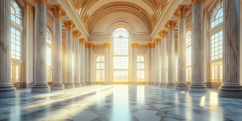 Fototapeta premium Spacious marble hall with towering columns, arched ceilings, and streaming sunlight