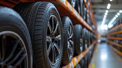 Fototapeta premium A wide shot of various tires on shelves in an auto parts store, showcasing the diversity and quality to choose from for vehicles with different tread patterns on the rubber