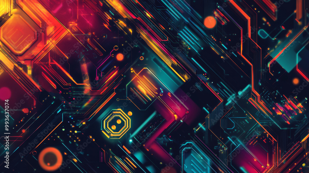 Poster a futuristic, colorful design featuring blockchain technology. it uses abstract shapes and vibrant c