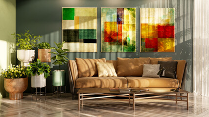 Large luxury modern bright interiors Living room mockup illustration 3D rendering image