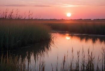 Obraz premium Sunset over a body of water, with the sun appearing as a large, glowing orb reflected in the calm waters