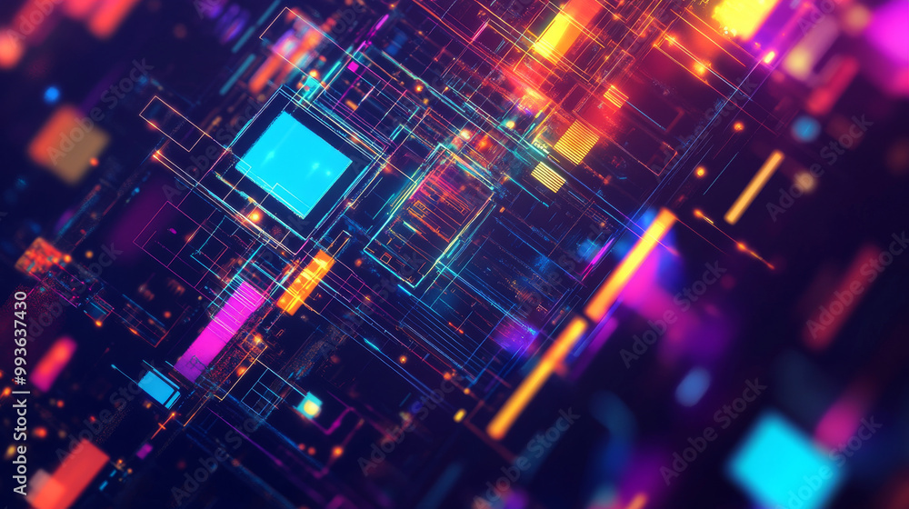 Poster a futuristic, colorful design featuring blockchain technology. it uses abstract shapes and vibrant c