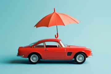 Fun design collage featuring a red toy car and a hanging open umbrella against a blue background. Insurance and protection concept