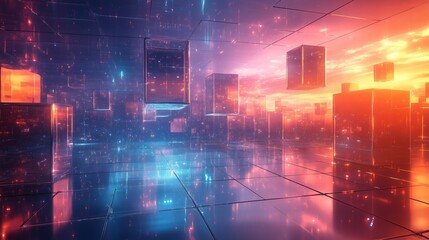 Abstract background with glass cubes and blue, purple, and orange lights in the style of futuristic architecture