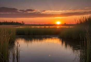 Obraz premium Sunset over a body of water, with the sun appearing as a large, glowing orb reflected in the calm waters