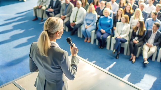 A confident young blonde woman with European features stands on stage in a light business suit, addressing the audience with a microphone in hand, viewed from behind. 