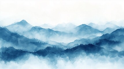 Abstract blue watercolor background with white space for text or design, soft brushstrokes create an impression of misty mountains,