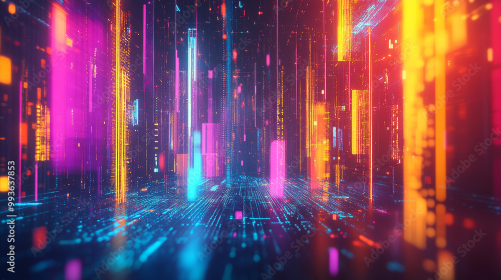 Aufkleber a futuristic, colorful design featuring blockchain technology. it uses abstract shapes and vibrant c