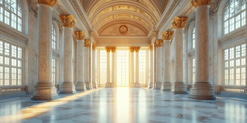 Fototapeta premium Spacious marble hall with towering columns, arched ceilings, and streaming sunlight