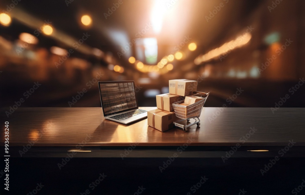 Poster a laptop computer and a miniature shopping cart filled with boxes sit on a wooden table.