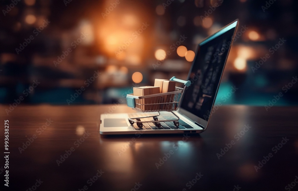 Poster a laptop with a miniature shopping cart filled with boxes sits on a wooden surface against a blurred