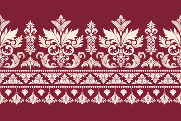 A seamless damask border pattern featuring intricate floral motifs and classical columns. Red background and white colour design create an elegant and timeless aesthetic © Tanomsap