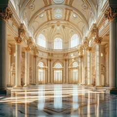 Fototapeta premium Spacious marble hall with towering columns, arched ceilings, and streaming sunlight
