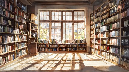 A sunlit library filled with books and large windows glows warmly in delicate watercolor tones.