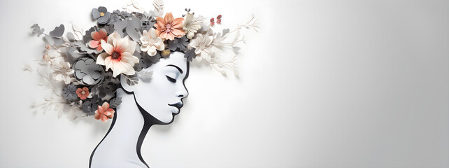 Beautiful Face and Flowers Style Paper Cut Copy Space for International Women's Day