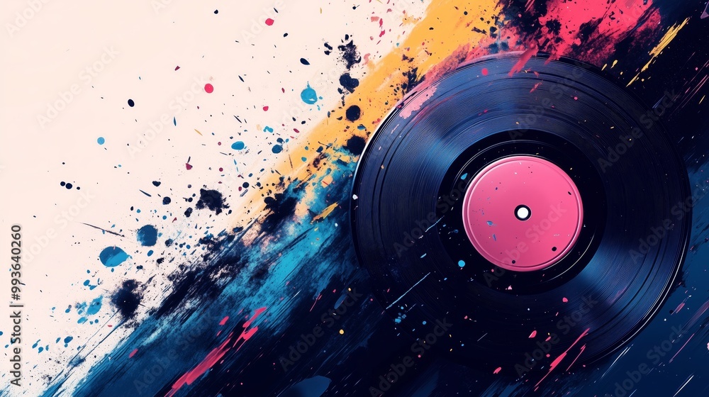 Poster design an abstract background with splashes of color and elements representing music, such as vinyl 